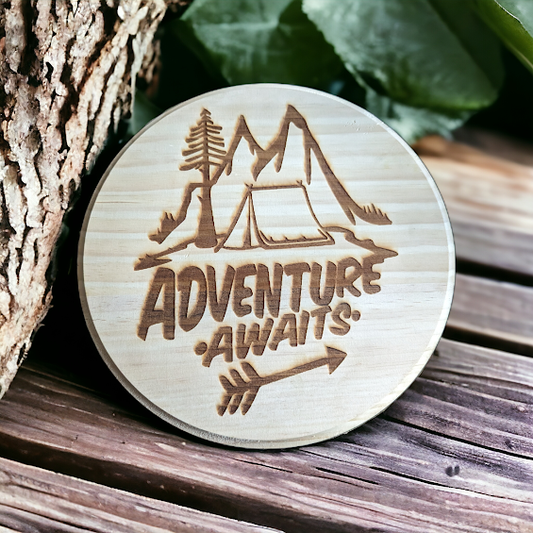 Adventure Awaits Round Wood Sign